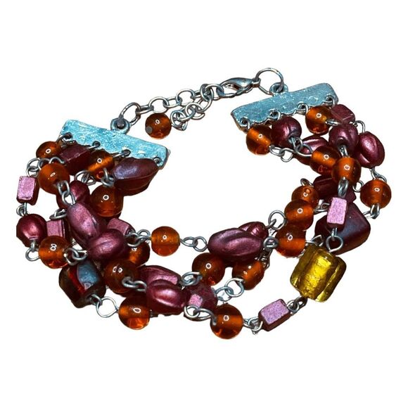 Vintage 80s Beaded Bracelet Red Silver Tone Metal Chain Link Glass - Picture 1 of 5